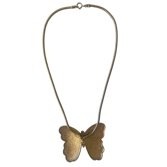Eisenberg • Vintage Enamel Modernist Butterfly Pendant Necklace Gold Tone Green - Picture 9 of 15